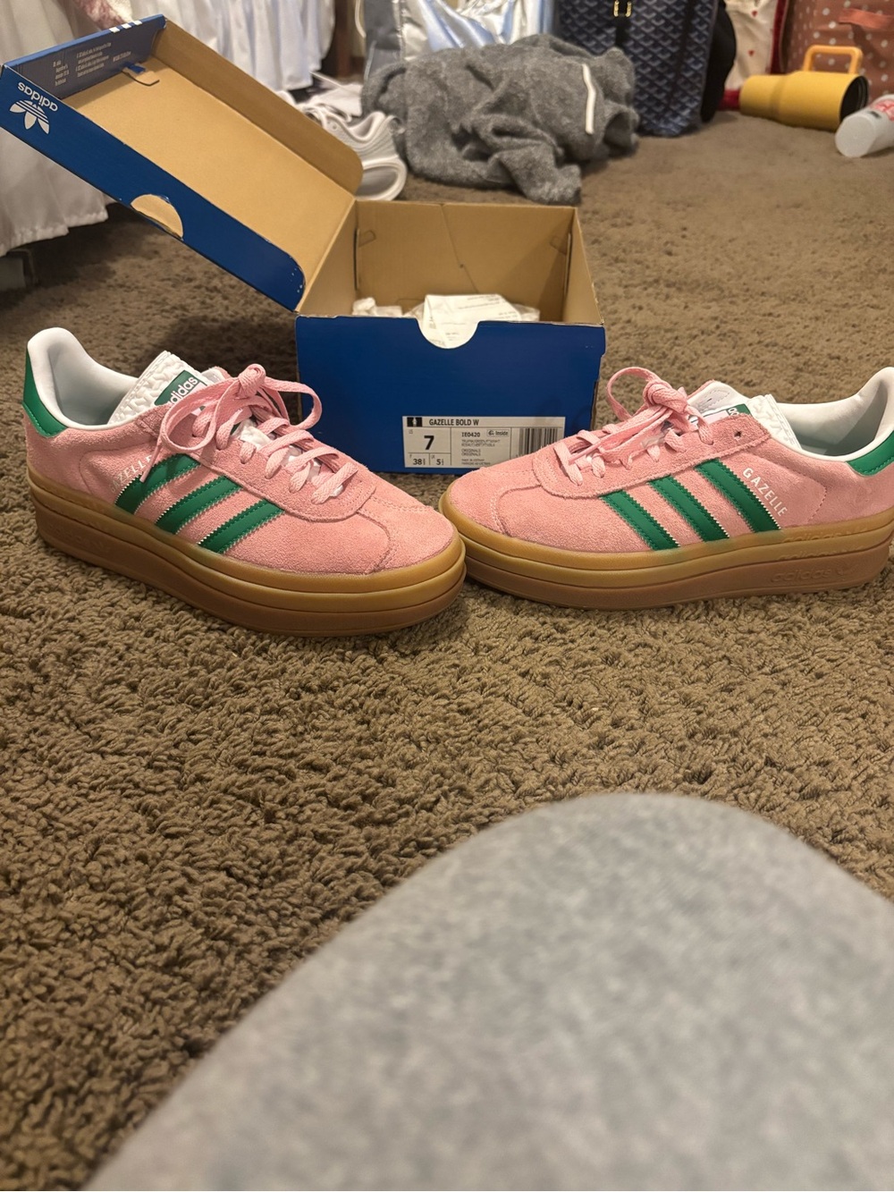 adidas Pink Suede Sneakers with Green Stripes and Gum Sole